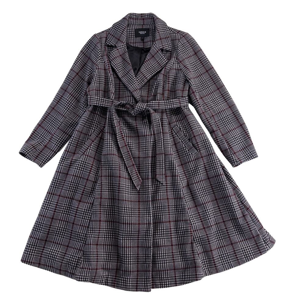 Torrid Plaid Softest Coat Tie Front Women Sz 1 1X 14/16 Gray Red Preppy Classic - Picture 2 of 14
